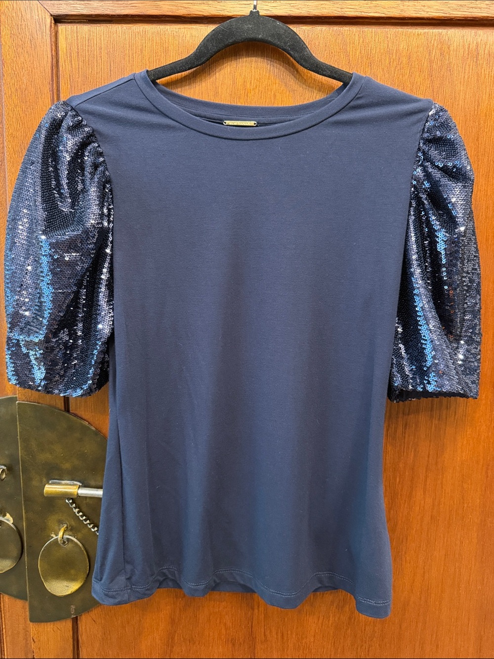 Ellie Tahari Sequin Puff-Sleeve Navy Women’s Top Size Small